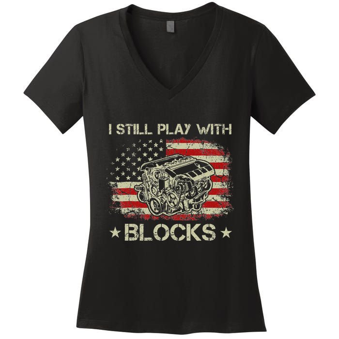 I Play With Blocks Mechanic Engine Block Car Mechanic Women's V-Neck T-Shirt
