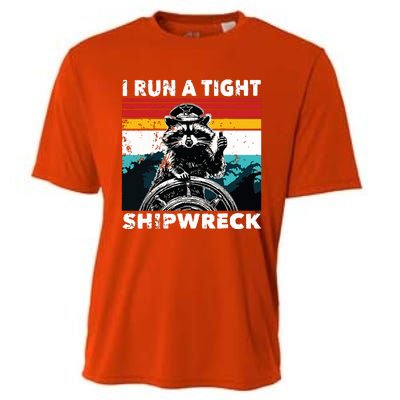 I Run A Tight Shipwreck Funny Raccoon Captain Cooling Performance Crew T-Shirt