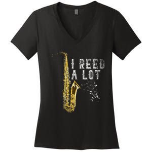 I Reed A Lot Funny Saxophonist Gift Jazz Music Saxophone Women's V-Neck T-Shirt