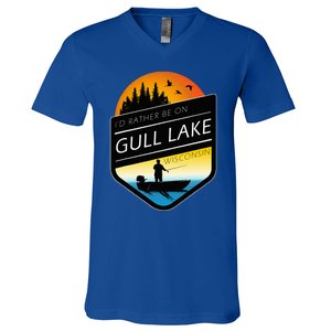 ID Rather Be On Gull Lake Wisconsin Sunset Fishing V-Neck T-Shirt