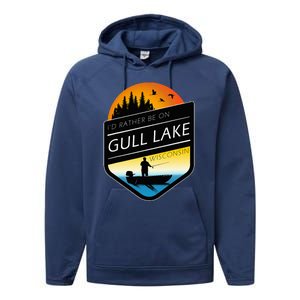 ID Rather Be On Gull Lake Wisconsin Sunset Fishing Performance Fleece Hoodie