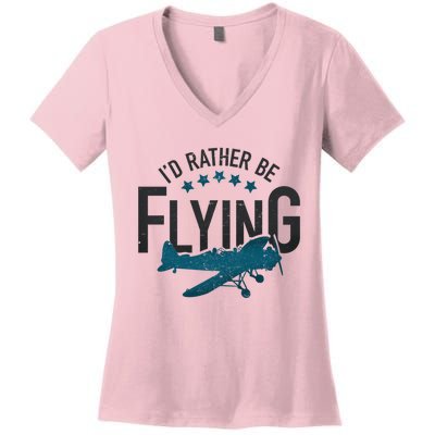 Id Rather Be Flying Retro Airplane Funny Aviation Pilot Gift Women's V-Neck T-Shirt