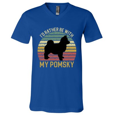 I'd Rather Be With My Pomsky Pomsky Dog Mom Or Dog Dad Gift V-Neck T-Shirt