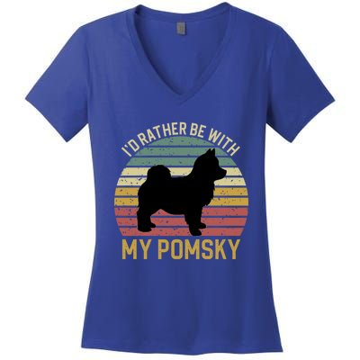 I'd Rather Be With My Pomsky Pomsky Dog Mom Or Dog Dad Gift Women's V-Neck T-Shirt