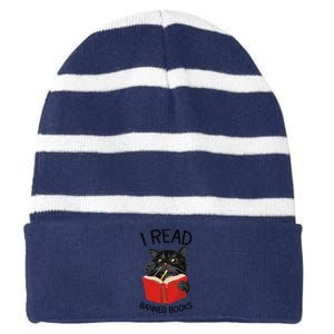 I Read Banned Books Black Cat Reader Librarian Freadom Women (1) Striped Beanie with Solid Band