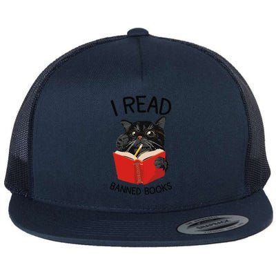 I Read Banned Books Black Cat Reader Librarian Freadom Women (1) Flat Bill Trucker Hat