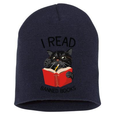 I Read Banned Books Black Cat Reader Librarian Freadom Women (1) Short Acrylic Beanie