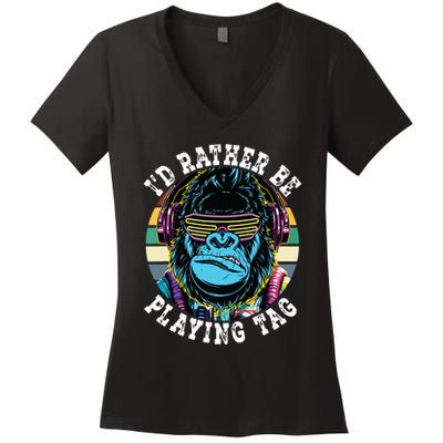 Id Rather Be Playing Tag Gorilla Monke Tag Gorilla Vr Gamer Women's V-Neck T-Shirt