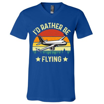 Id Rather Be Flying Funny Vintage Retro Airplane Pilot Gift V-Neck T-Shirt