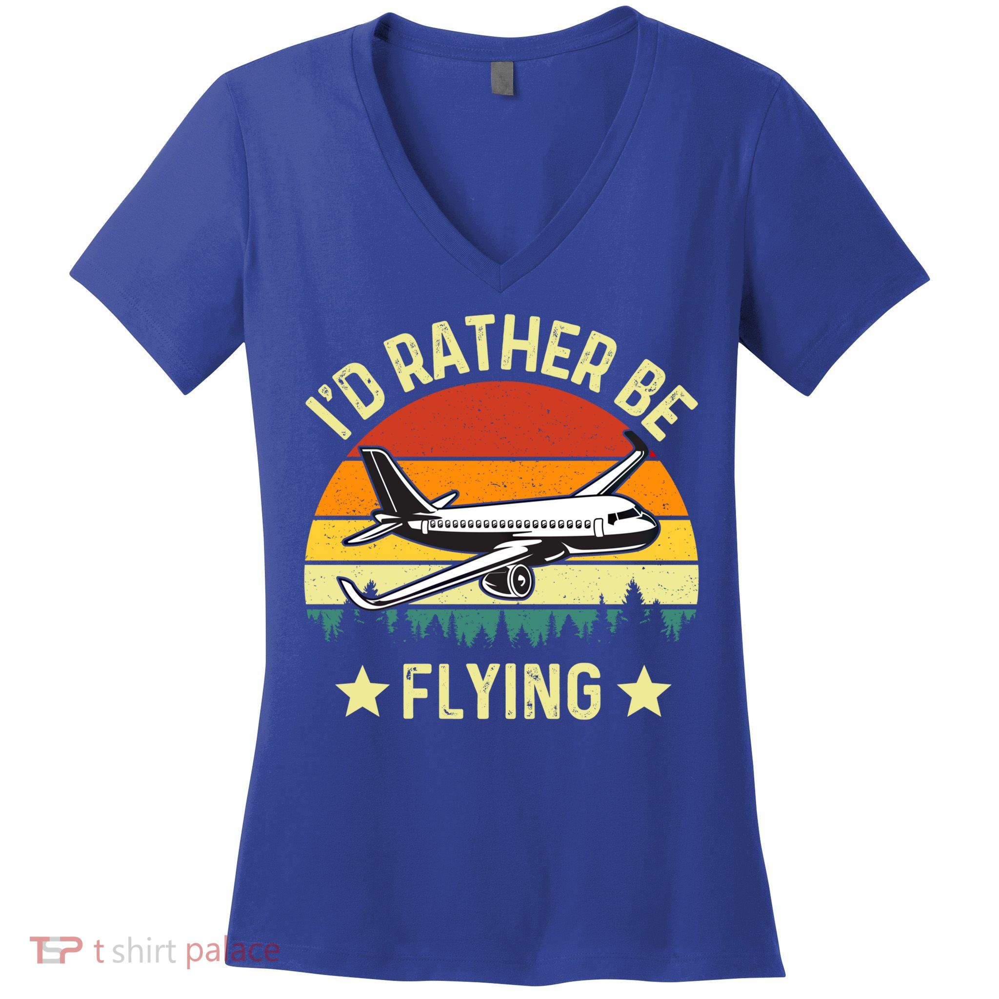 Id Rather Be Flying Funny Vintage Retro Airplane Pilot Gift Women's V-Neck T-Shirt