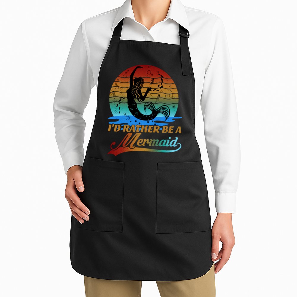 Id Rather Be A Mermaid Cute 90s Retro Sunset Silhouette Mermaid Slogan Apron