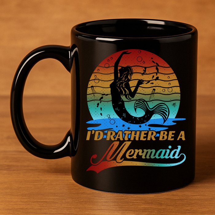 Id Rather Be A Mermaid Cute 90s Retro Sunset Silhouette Mermaid Slogan 11oz C Handle Ceramic Mug