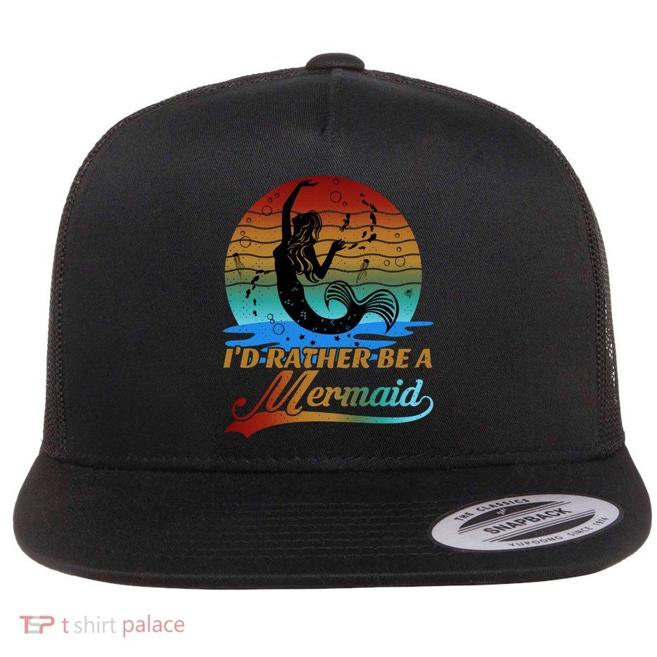 Id Rather Be A Mermaid Cute 90s Retro Sunset Silhouette Mermaid Slogan Flatbill Hat