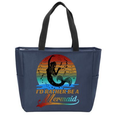 Id Rather Be A Mermaid Cute 90s Retro Sunset Silhouette Mermaid Slogan Zip Tote Bag