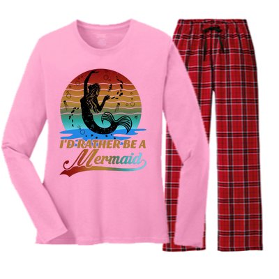 Id Rather Be A Mermaid Cute 90s Retro Sunset Silhouette Mermaid Slogan Women's Long Sleeve Flannel Pajama Set 