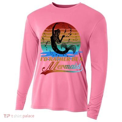 Id Rather Be A Mermaid Cute 90s Retro Sunset Silhouette Mermaid Slogan Cooling Performance Long Sleeve Crew