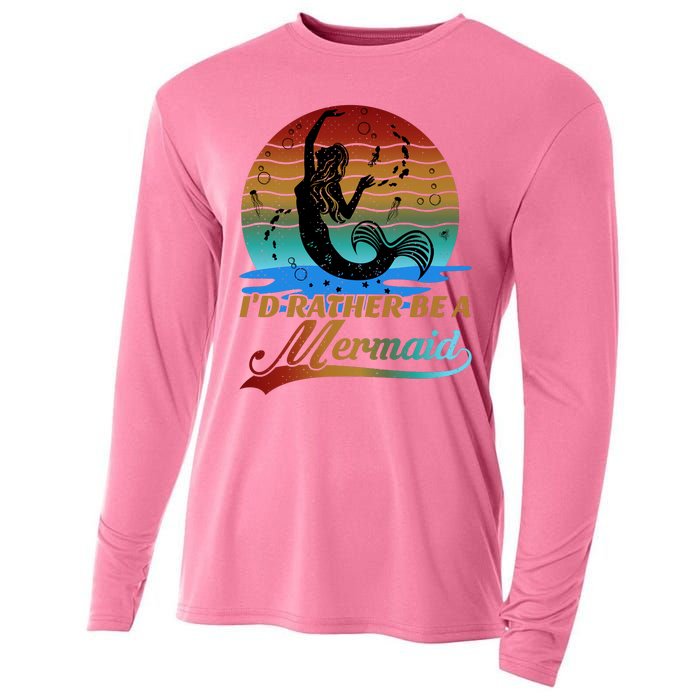 Id Rather Be A Mermaid Cute 90s Retro Sunset Silhouette Mermaid Slogan Cooling Performance Long Sleeve Crew