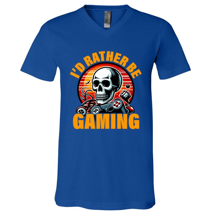 ID Rather Be Gaming Funny Gamer Skeleton Humor Meaningful Gift V-Neck T-Shirt