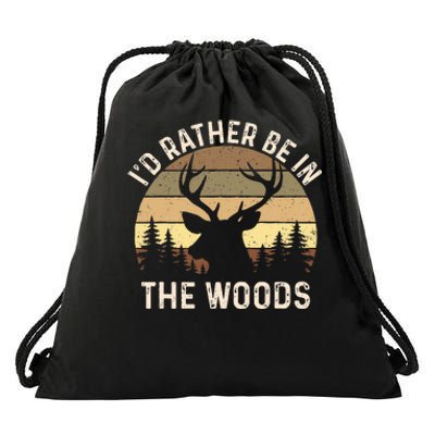 ID Rather Be In The Woods Retro Vintage Deer Lover Hunter Drawstring Bag