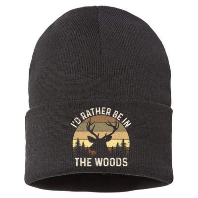 ID Rather Be In The Woods Retro Vintage Deer Lover Hunter Sustainable Knit Beanie