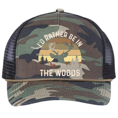 ID Rather Be In The Woods Retro Vintage Deer Lover Hunter Retro Rope Trucker Hat Cap