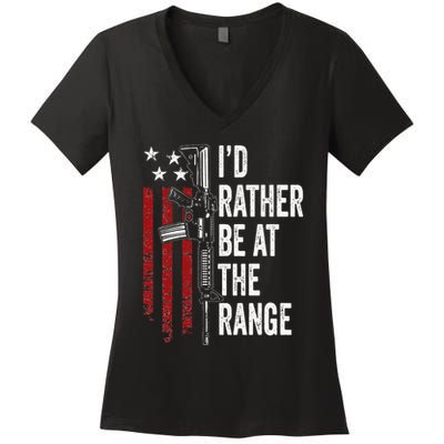 ID Rather Be At The Gun Range Usa Flag Funny Guns Owner Women's V-Neck T-Shirt