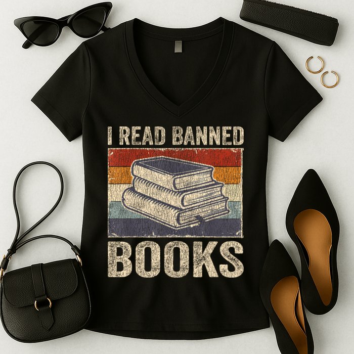 I Read Banned Books Week Librarian Freedom Reader Nerd Women's V-Neck T-Shirt
