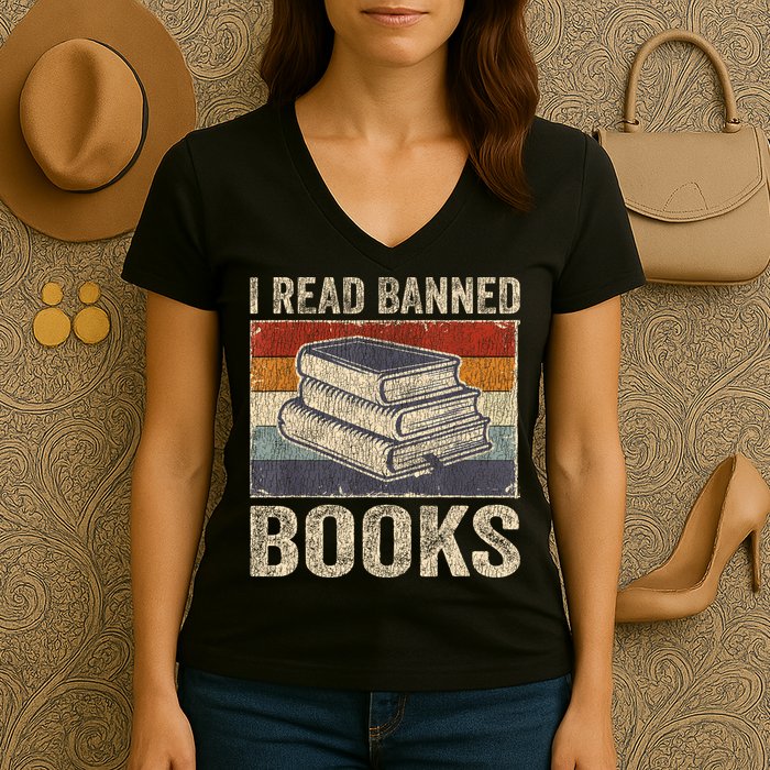 I Read Banned Books Week Librarian Freedom Reader Nerd Women's V-Neck T-Shirt