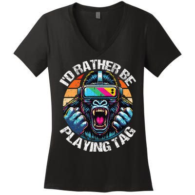 ID Rather Be Playing Tag Gorilla Monke Tag Gorilla Vr Gamer Women's V-Neck T-Shirt