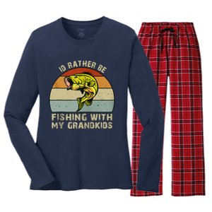 Id Rather Be Fishing With Grandkids Fishing Gifts Grandpa Women's Long Sleeve Flannel Pajama Set 