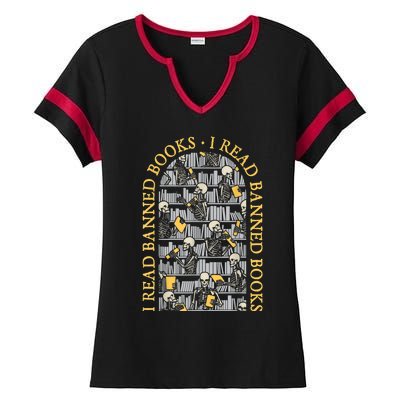 I Read Banned Books Librarian Halloween Skeleton Reader Tee Ladies Halftime Notch Neck Tee