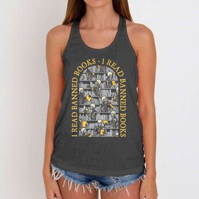 I Read Banned Books Librarian Halloween Skeleton Reader Tee Women's Knotted Racerback Tank