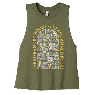 I Read Banned Books Librarian Halloween Skeleton Reader Tee Women's Racerback Cropped Tank