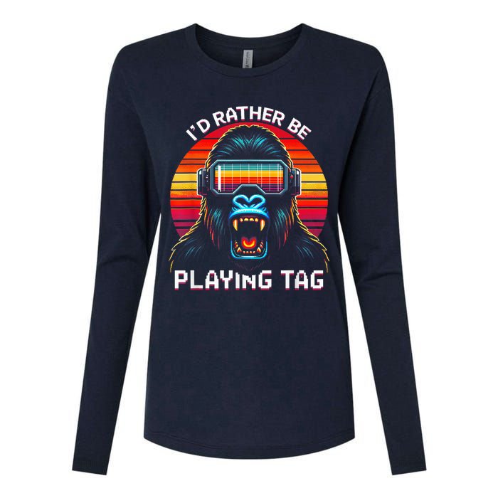 ID Rather Be Playing Tag Vr Gaming Gorilla Funny Pixel Gift Womens Cotton Relaxed Long Sleeve T-Shirt