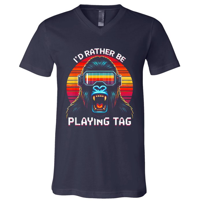 ID Rather Be Playing Tag Vr Gaming Gorilla Funny Pixel Gift V-Neck T-Shirt