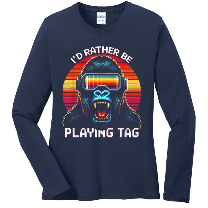 ID Rather Be Playing Tag Vr Gaming Gorilla Funny Pixel Gift Ladies Long Sleeve Shirt