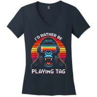 ID Rather Be Playing Tag Vr Gaming Gorilla Funny Pixel Gift Women's V-Neck T-Shirt