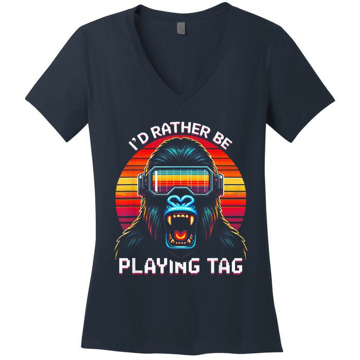 ID Rather Be Playing Tag Vr Gaming Gorilla Funny Pixel Gift Women's V-Neck T-Shirt