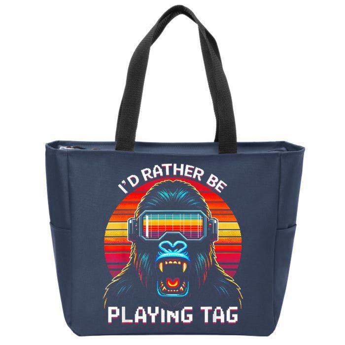 ID Rather Be Playing Tag Vr Gaming Gorilla Funny Pixel Gift Zip Tote Bag