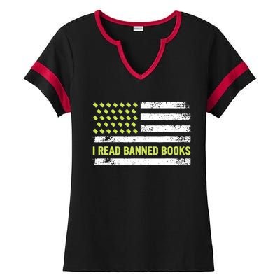 I Read Banned Books Retro Usa Flag Reading Librarian Reader Ladies Halftime Notch Neck Tee