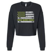 I Read Banned Books Retro Usa Flag Reading Librarian Reader Cropped Pullover Crew