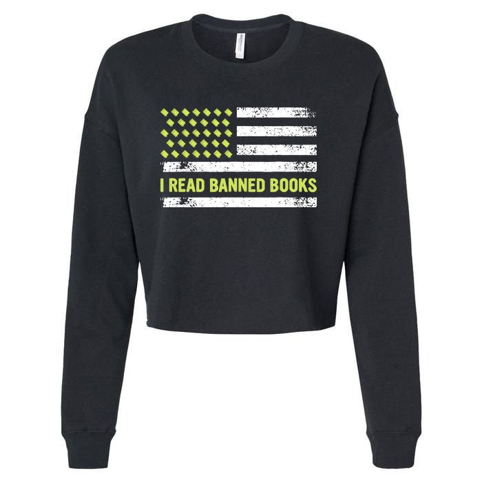 I Read Banned Books Retro Usa Flag Reading Librarian Reader Cropped Pullover Crew