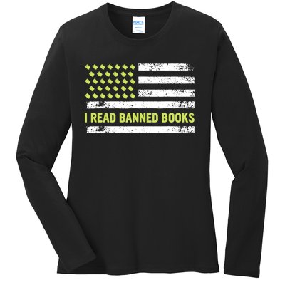 I Read Banned Books Retro Usa Flag Reading Librarian Reader Ladies Long Sleeve Shirt