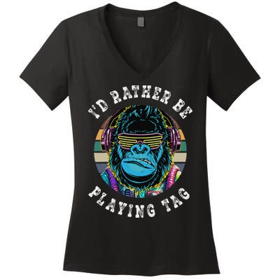 ID Rather Be Playing Tag Gorilla Monke Tag Gorilla Vr Gamer Gift Women's V-Neck T-Shirt