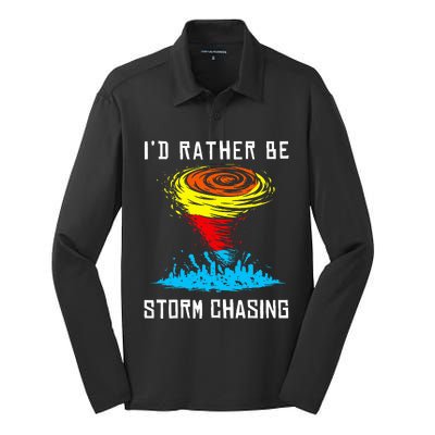 ID Rather Be Storm Chasing Tornado Hurricane Weather Chaser Silk Touch Performance Long Sleeve Polo