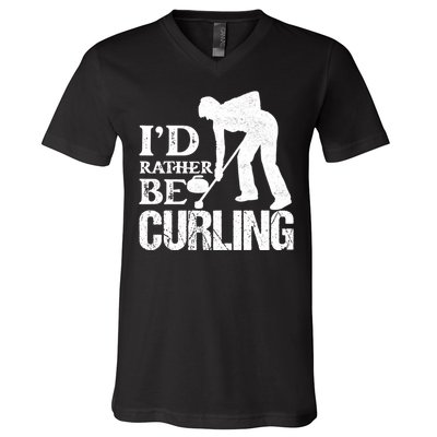 ID Rather Be Curling Ice Sport Broom Curler Gift V-Neck T-Shirt