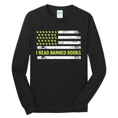 I Read Banned Books Retro Usa Flag Reading Librarian Reader Tall Long Sleeve T-Shirt