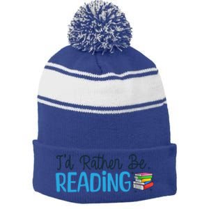 Id Rather Be Reading Cute Book Reader Saying Bookworm Quote Meaningful Gift Stripe Pom Pom Beanie