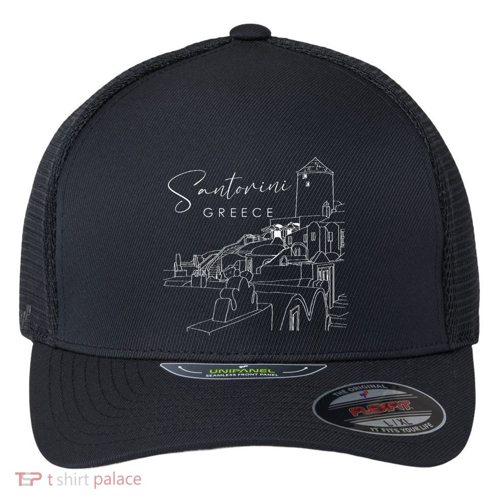 ID Rather Be In Santorini Greece Vintage Greek Islands Flexfit Unipanel Trucker Cap