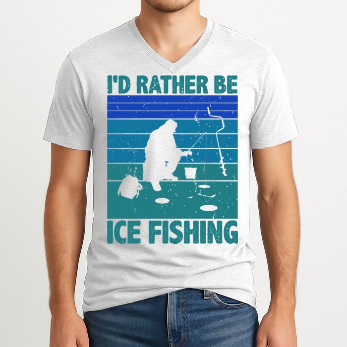 I'd Rather Be Ice Fishing Hobby Retro Gift V-Neck T-Shirt